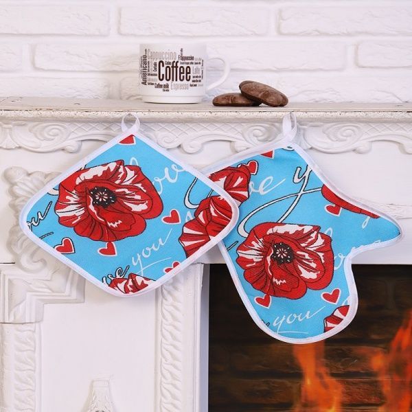 Набор Рукавица+прихватка, рогожка, Маки